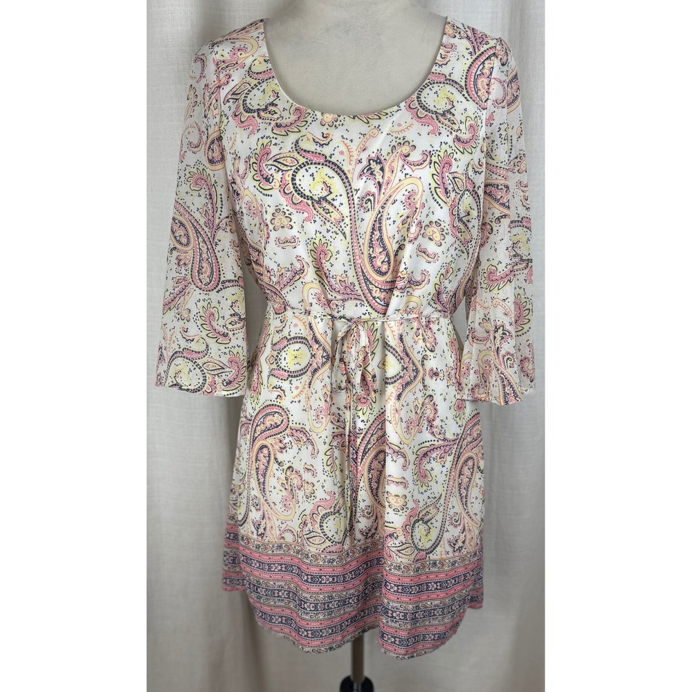 AUW Aqua Paisley Mini Dress Small Cream Pink Boho Crochet Back Bell Sleeve